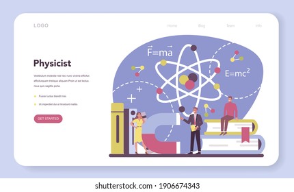 Physicist web banner or landing page. Scientist explore electricity, magnetism, light wave and forces. Geophysicist, astrophysicist, theoretical and practical study. Isolated vector illustration