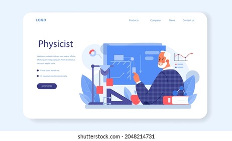 Physicist web banner or landing page. Scientist explore electricity, magnetism, light wave and forces. Geophysicist, astrophysicist, theoretical and practical study. Isolated vector illustration