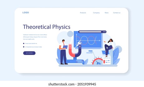 Physicist web banner or landing page. Scientist explore electricity, magnetism, light wave and forces. Geophysicist, astrophysicist, theoretical and practical study. Isolated vector illustration