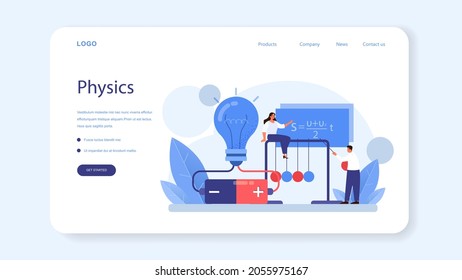 Physicist web banner or landing page. Scientist explore electricity, magnetism, light wave and forces. Geophysicist, astrophysicist, theoretical and practical study. Isolated vector illustration