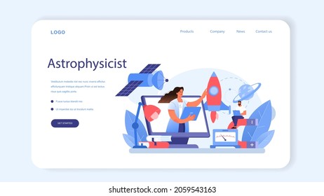 Physicist web banner or landing page. Scientist explore electricity, magnetism, light wave and forces. Geophysicist, astrophysicist, theoretical and practical study. Isolated vector illustration