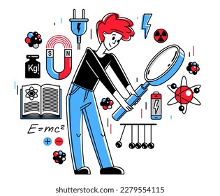 Physicist working on some theoretical physics or making an experiment vector outline illustration, or student studying physics in university, education teacher.