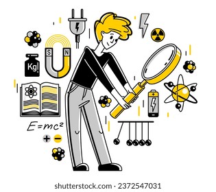 Physicist working on some theoretical physics or making an experiment vector outline illustration, or student studying physics in university, education teacher.