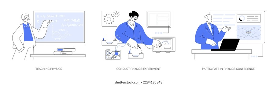 Physics abstract concept vector illustration set. Professor teaching physics, conduct experiment, participate in scientific conference, university study and research abstract metaphor.