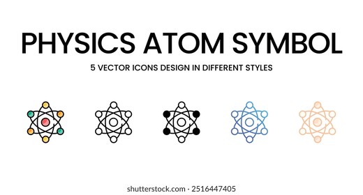 Conjunto de iconos de símbolos de átomo de física cinco diferentes estilos de Vector Ilustración de stock