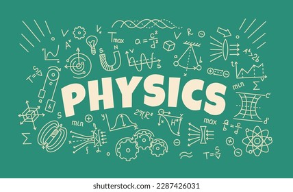 Physics background with formulas and symbols, vector education. School board with physics science laws and theories, chalk sketch graphs, calculations and problems, magnet, prism and atom molecule