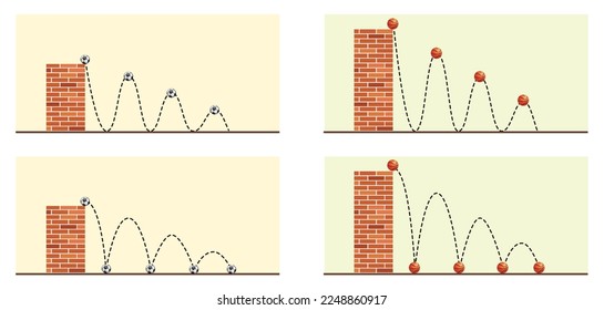 La bola de la física cae desde la altura. Bozamiento de una bola que cae desde diferentes alturas en la física. Reacción - Movimiento de acción. Las leyes de movimiento de Newton. Movimiento de disparo vertical. 