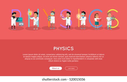 Physics banner. Science alphabet. ABC vector with scientists at work. Simple colored letters and scientist character. Scientific research, science lab, science test, technology illustration in flat