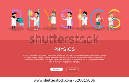 Physics banner. Science alphabet. ABC vector with scientists at work. Simple colored letters and scientist character. Scientific research, science lab, science test, technology illustration in flat