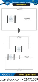 Physics, basic electric circuits, next generation question template, dumb physics figures, exam question, eps