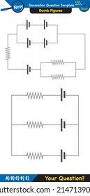 Physics, basic electric circuits, next generation question template, dumb physics figures, exam question, eps