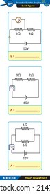 Physics, basic electric circuits, next generation question template, dumb physics figures, exam question, eps