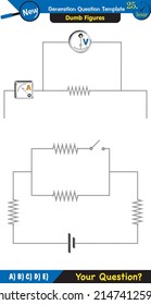 Physics, basic electric circuits, next generation question template, dumb physics figures, exam question, eps