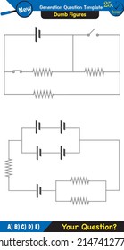Physics, basic electric circuits, next generation question template, dumb physics figures, exam question, eps