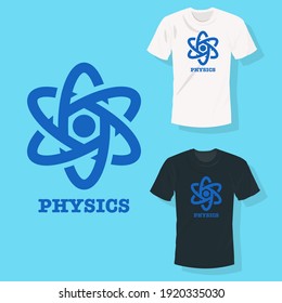 Physics with blue atoms and electrons rotating in space T shirt clothing fashion design