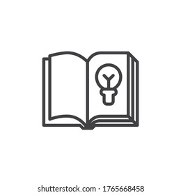 Physics book line icon. linear style sign for mobile concept and web design. Open book page with light bulb outline vector icon. Symbol, logo illustration. Vector graphics