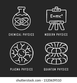 Physics branches chalk icons set. Chemical, modern, plasma and quantum physics. Quantum mechanics, physicochemical phenomena learning disciplines. Isolated vector chalkboard illustrations