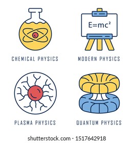Physics branches color icons set. Chemical, modern, plasma and quantum physics. Quantum mechanics, physicochemical phenomena learning disciplines. Scientific discoveries. Isolated vector illustrations