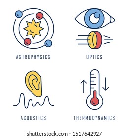 Physics branches color icons set. Astrophysics, optics, acoustics and thermodynamics. Physical processes and phenomenons. Scientific researches and subjects. Isolated vector illustrations