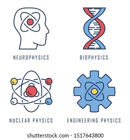 Physics branches color icons set. Neurophysics, biophysics, engineering and nuclear physics. Human brain, structure of molecule. Physical processes learning disciplines. Isolated vector illustrations