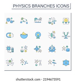 Physics branches color icons set. Scientific disciplines. Research macroscopic and microscopic physical properties. Science concept. Isolated vector illustrations