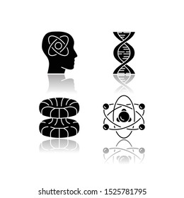 Physics branches drop shadow black glyph icons set. Neurophysics, biophysics, quantum and nuclear physics. Nuclear matter and power research. Neuroscience. Isolated vector illustrations