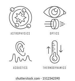 Physics branches linear icons set. Astrophysics, optics, acoustics and thermodynamics. Physical phenomenons. Thin line contour symbols. Isolated vector outline illustrations. Editable stroke