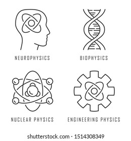 Physics branches linear icons set. Neurophysics, biophysics, engineering and nuclear physics. Human brain. Thin line contour symbols. Isolated vector outline illustrations. Editable stroke