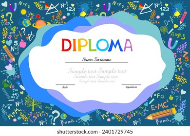 Physics. Certificates school Kids Diploma certificate background from scientific formulas. Flat icon concept vector illustration collection. Diploma template for students, Certificate of kids diploma.