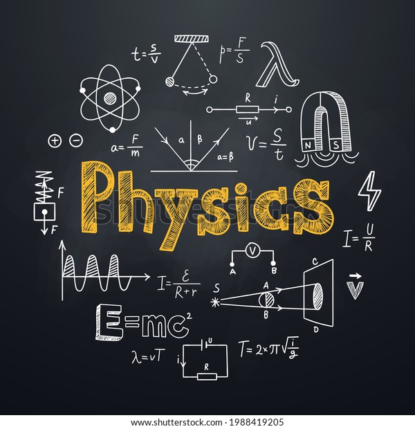 Physics chalkboard background in hand drawn\
style. Round composition with lettering and physical symbols,\
formulas and schemes. Education subject. Ideal for school poster,\
graphic print, banner.