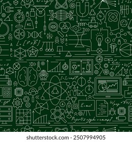 Physics Chalkboard Line Seamless Pattern. Vector Illustration of Education Outline Background. Linear Laboratory Subject Sign. Mechanics, Optics and Nuclear Texture.