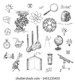 Physics, chemistry, astronomy and mathematics, biology, scientific formulas, geography. Back to School Elements. Science and education. Engraved vintage hand drawn set