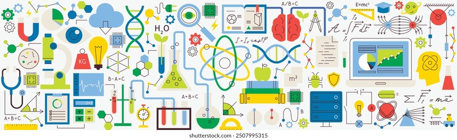 Bannerkonzept Physik Chemie. Vektorgrafik von einfarbigen und umrissenen Bildungsobjekten. Zeichen für Mechanik und Optik. Biologie und Kernlabor.
 