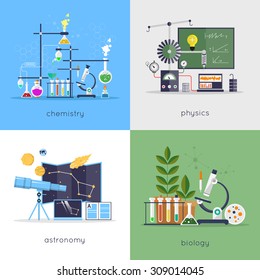Physics, chemistry, biology, astronomy laboratory workspace and science equipment concept. Flat design vector illustration.