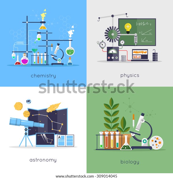 物理 化学 生物 天文实验室工作空间和科学设备概念 平面设计矢量插图 库存矢量图 免版税