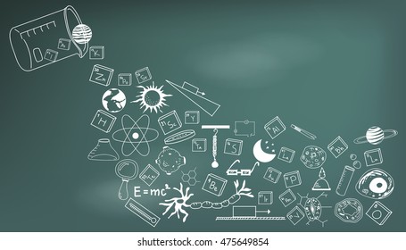 Physics, chemistry, biology and astronomy science doodle handwriting theory and tool icon pouring from lab beaker bottle in blackboard background paper used for school education decoration (vector)