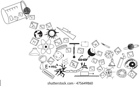 Physics, chemistry, biology and astronomy science doodle handwriting theory and tool icon pouring from lab beaker bottle in white isolated background paper used for school education (vector)