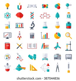 Physics, Chemistry, Biology, laboratory and science equipment Icons Set. Flat design vector illustration. Latex Gloves, Molecules, Data Analysis, Scientific Research, Chemical Experiment.