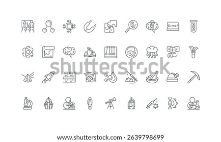 Physics and chemistry, biology, structure and formulation of knowledge thin black symbols vector illustration. Science research, laboratory equipment and experiment by scientist line icon set.