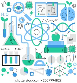 Physics Chemistry Flat Line Set. Vector Illustration of Solid Colorful and Outline Education Objects. Mechanics and Optics Sign. Biology Laboratory.
 