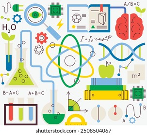 Física Química Linha Plana. Ilustração vetorial de objetos de educação coloridos e contornos sólidos. Placa de Mecânica e Ótica. Laboratório Nuclear.
 