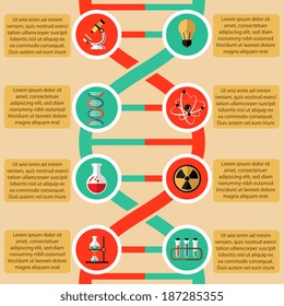Physics and chemistry infographic elements with radioactive sign atom structure beaker microscope vector illustration
