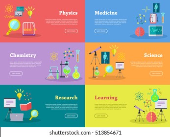 Physics chemistry medicine science learning research banners. Scientific equipment. Educational concept. Medicinal substances, preparations, devices, elements. Laboratory. Vector in flat style