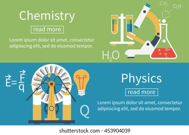 Physics, chemistry, science equipment . Flat design vector illustration. Concept education and science. Banners set school subjects.