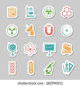 Physics chemistry science  research stickers set with telescope pictogram and radioactivity warning sign abstract isolated vector illustration