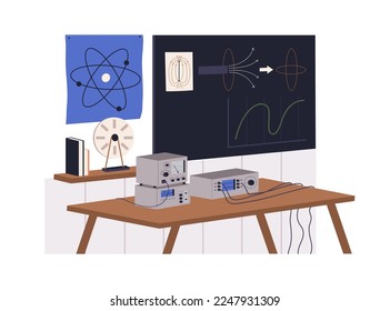 Physics class, classroom with blackboard, desk. Study room for science subject with graphs, drawings on chalkboard, electric equipment, cables. Flat vector illustration isolated on white background