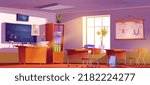 Physics classroom interior, school class with student desks, lesson equipment on teacher table, blackboard with graphs, cupboard with textbooks, poster, studying room Cartoon vector illustration