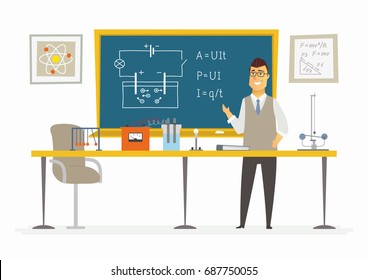 Physics Classroom - modern vector character illustration of young male school teacher at the blackboard with schemes, educational drawing explaining Ohms law. Circuit, visual aids, equipment