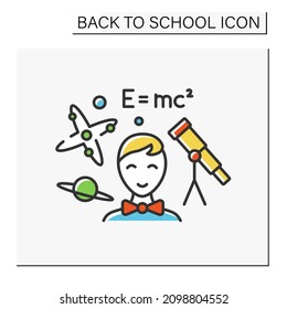 Physics color icon. School subject. Physical branches. Happy student learn astrology. Education concept. Isolated vector illustration