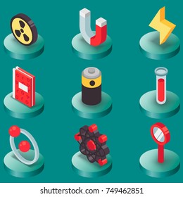 Physics color isomeric icons and science equipment concept. Flat design vector illustration.
